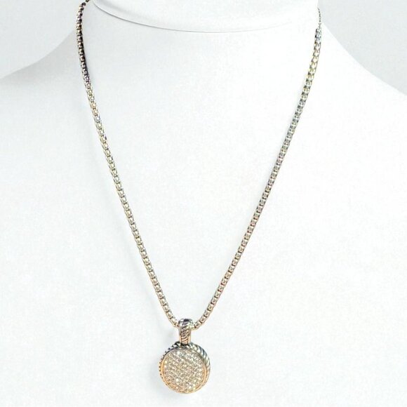 Silver-Tone Pendant Necklace With Rhinestone Pave Round Charm 18" Adjustable Cha - Picture 2 of 8